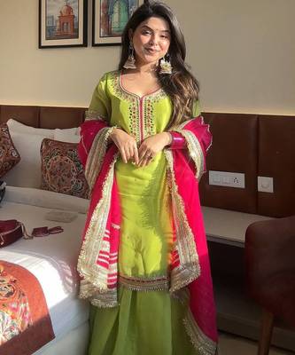 Green georgette party wear embroidery sharara suit set 1
