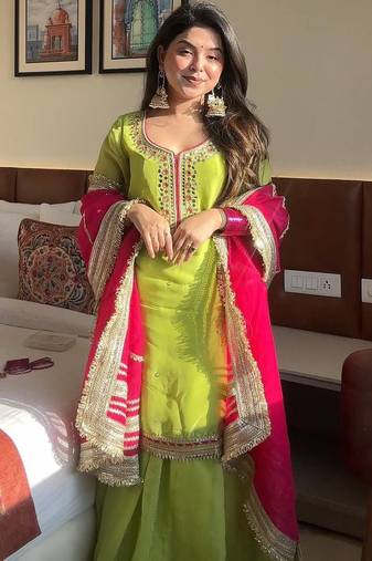 Green georgette party wear embroidery sharara suit set