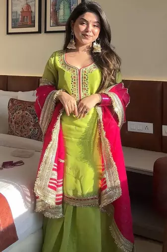 Green georgette party wear embroidery sharara suit set