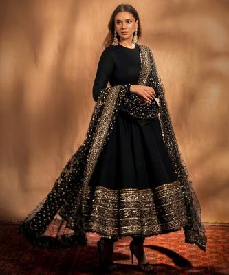Black rayon party wear embroidery anarkali suit set 2