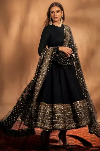 Black rayon party wear embroidery anarkali suit set