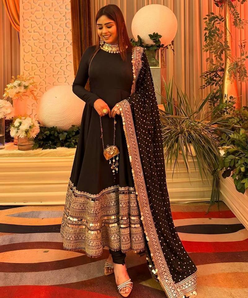 Black rayon party wear embroidery anarkali suit set