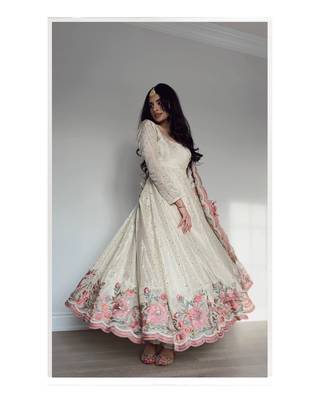 Off white vichitra silk wear embroidery anarkali suit set 2