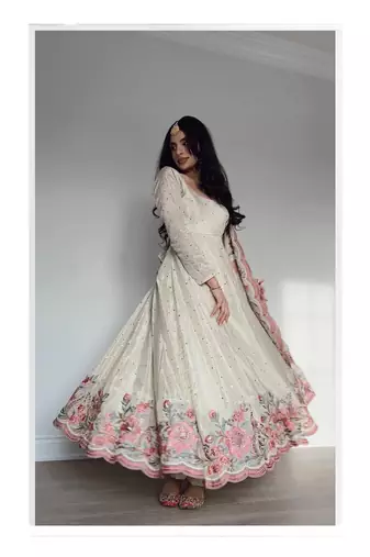 Off white vichitra silk wear embroidery anarkali suit set