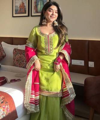 Green georgette party wear embroidery sharara suit set 2