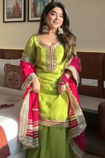 Green georgette party wear embroidery sharara suit set