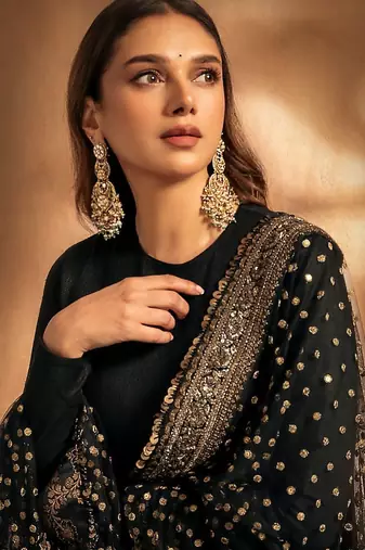 Black rayon party wear embroidery anarkali suit set