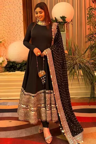 Black rayon party wear embroidery anarkali suit set