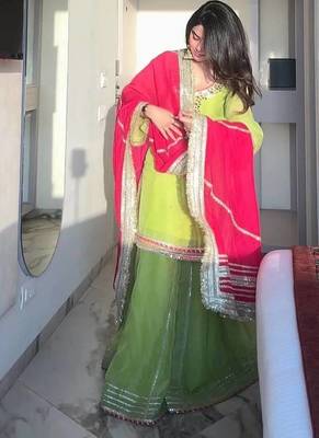 Green georgette party wear embroidery sharara suit set 3
