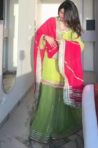 Green georgette party wear embroidery sharara suit set