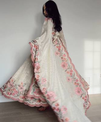 Off white vichitra silk wear embroidery anarkali suit set 3