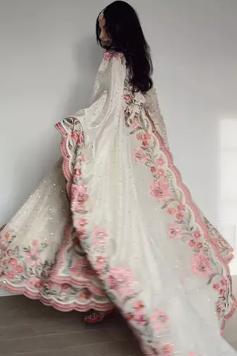 Off white vichitra silk wear embroidery anarkali suit set