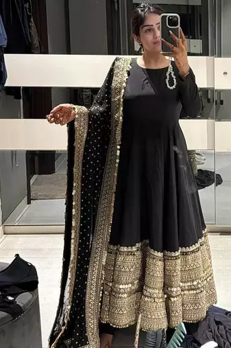 Black rayon party wear embroidery anarkali suit set
