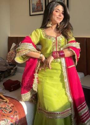 Green georgette party wear embroidery sharara suit set 4