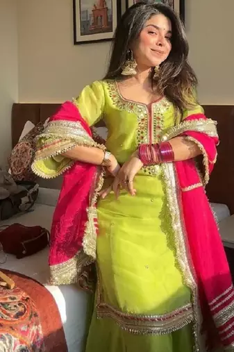 Green georgette party wear embroidery sharara suit set