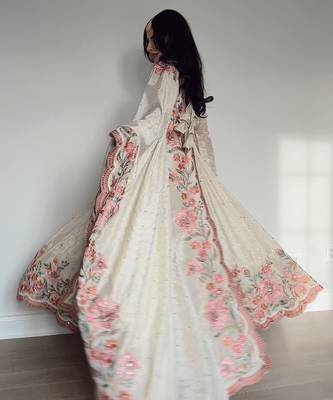 Off white vichitra silk wear embroidery anarkali suit set 4