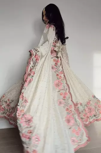 Off white vichitra silk wear embroidery anarkali suit set