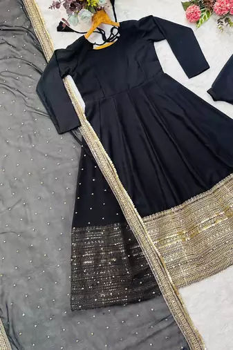 Black rayon party wear embroidery anarkali suit set