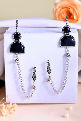 Black Oxidised Silver Chain Ear Cuff Earring For Women | Boho Ear Connector