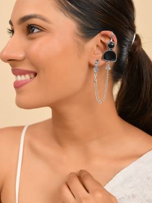 Black Oxidised Silver Chain Ear Cuff Earring For Women | Boho Ear Connector 2