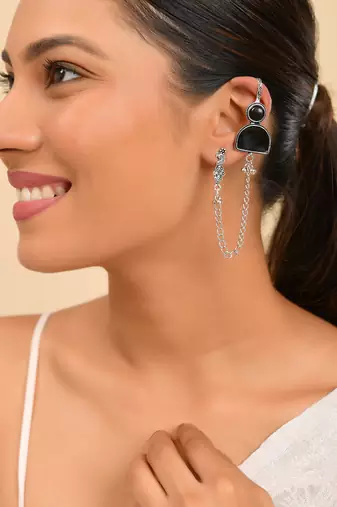 Black Oxidised Silver Chain Ear Cuff Earring For Women | Boho Ear Connector