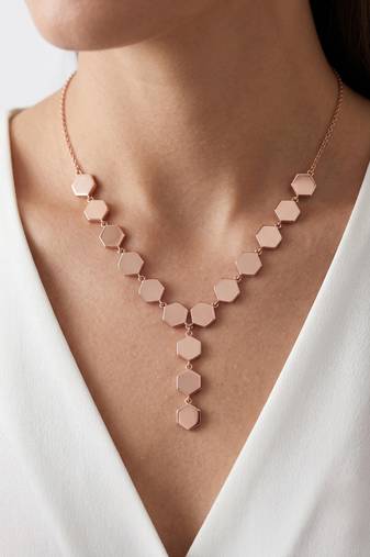 925 Sterling Silver Rose Gold  Modern Minimalist Adjustable Geometric Hexagon Lariat Necklace Set 