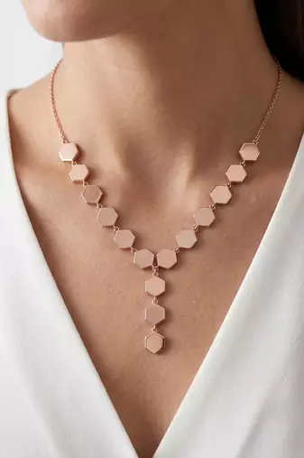 925 Sterling Silver Rose Gold  Modern Minimalist Adjustable Geometric Hexagon Lariat Necklace Set 