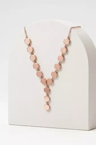 925 Sterling Silver Rose Gold  Modern Minimalist Adjustable Geometric Hexagon Lariat Necklace Set 
