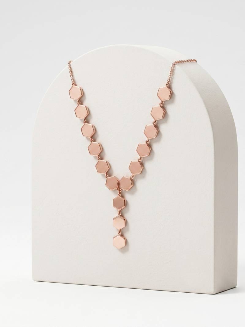 925 Sterling Silver Rose Gold  Modern Minimalist Adjustable Geometric Hexagon Lariat Necklace Set 