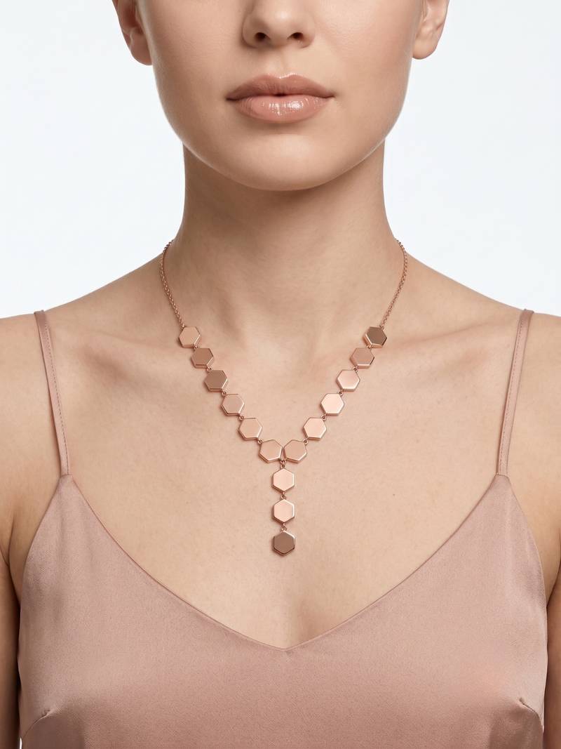 925 Sterling Silver Rose Gold  Modern Minimalist Adjustable Geometric Hexagon Lariat Necklace Set 