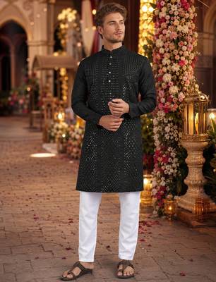 Black embroidered silk blend straight kurta 1