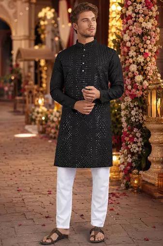Black embroidered silk blend straight kurta