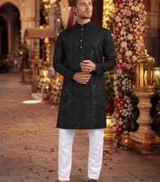 Black embroidered silk blend straight kurta