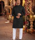 Black embroidered silk blend straight kurta