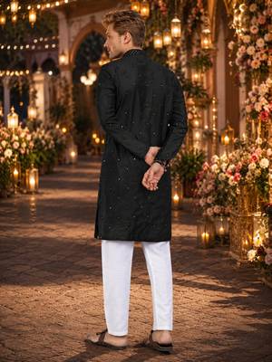 Black embroidered silk blend straight kurta 2