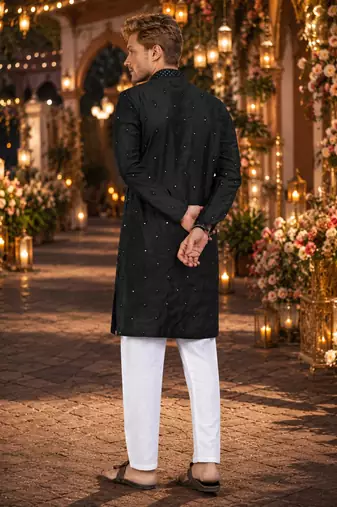 Black embroidered silk blend straight kurta
