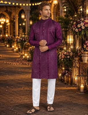 Purple embroidered silk blend straight kurta 1