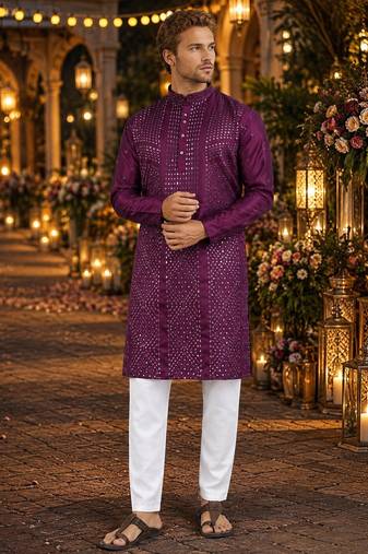 Purple embroidered silk blend straight kurta
