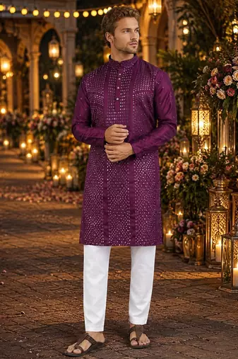 Purple embroidered silk blend straight kurta