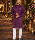 Purple embroidered silk blend straight kurta