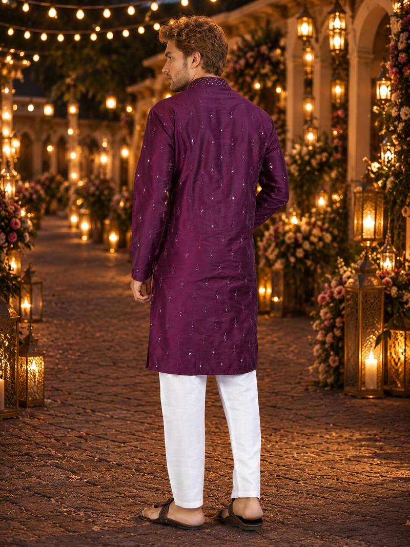 Purple embroidered silk blend straight kurta