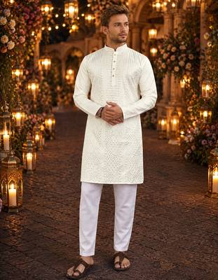 White embroidered silk blend straight kurta 1