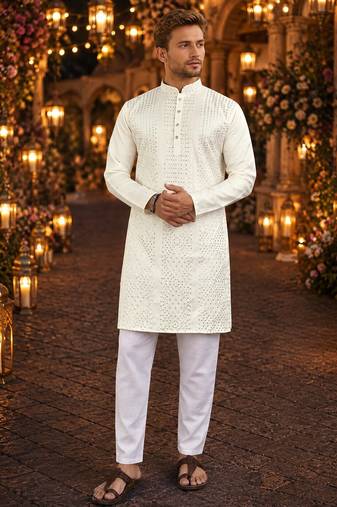 White embroidered silk blend straight kurta