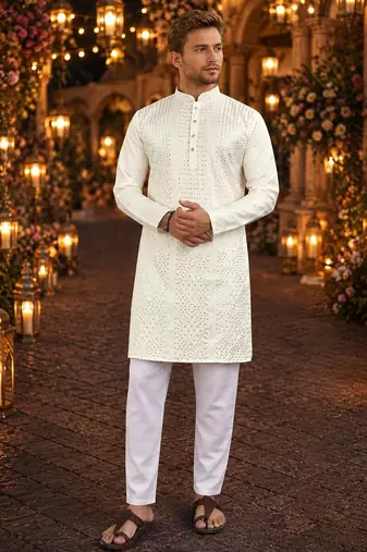 White embroidered silk blend straight kurta