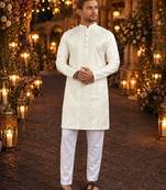 White embroidered silk blend straight kurta
