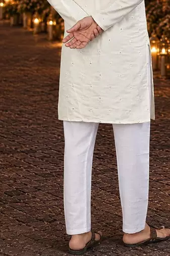 White embroidered silk blend straight kurta