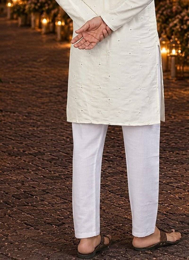 White embroidered silk blend straight kurta
