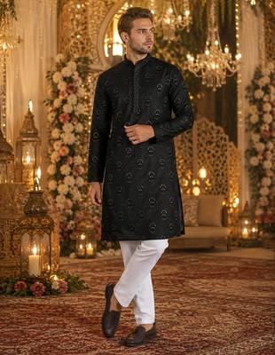 Black embroidered silk blend straight kurta 1