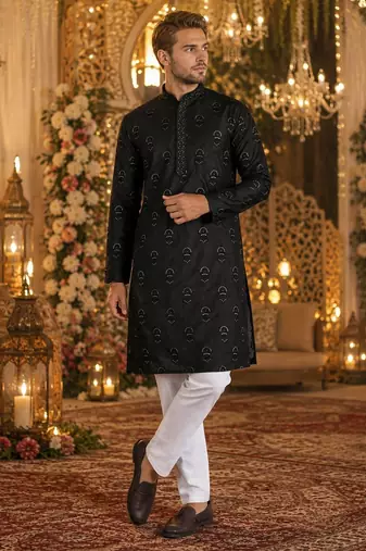 Black embroidered silk blend straight kurta