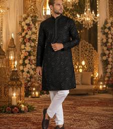 Black embroidered silk blend straight kurta